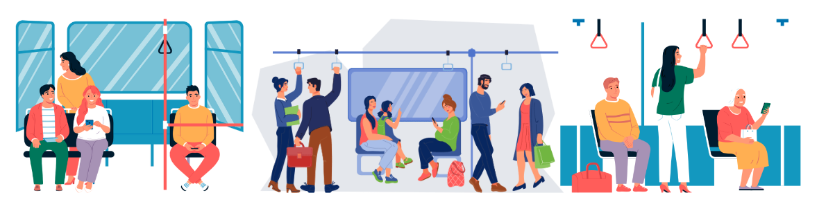 Vector image of people sitting on a bus, on a train and waiting for a bus at a bus station. 